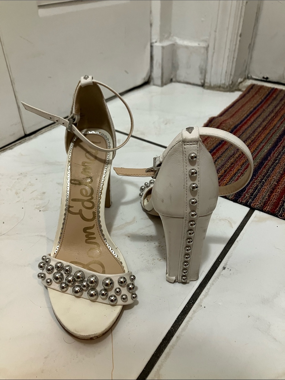 Sam Edelman White Silver Studded Block-Heel Ankle-Strap Sandals